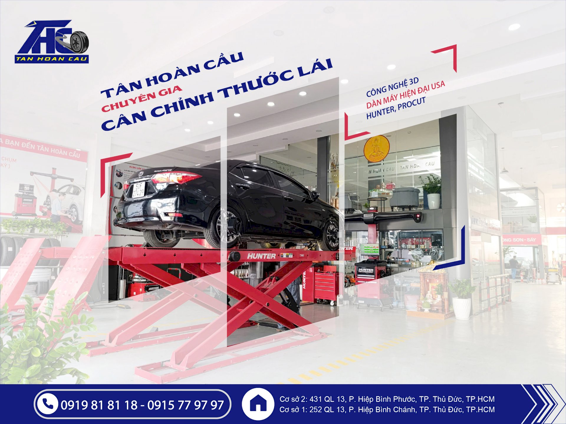 Lựa chọn phương pháp cân chỉnh độ chụm thước lái bằng công nghệ 3D với dàn máy Hunter USA tại Ô tô Tân Hoàn Cầu