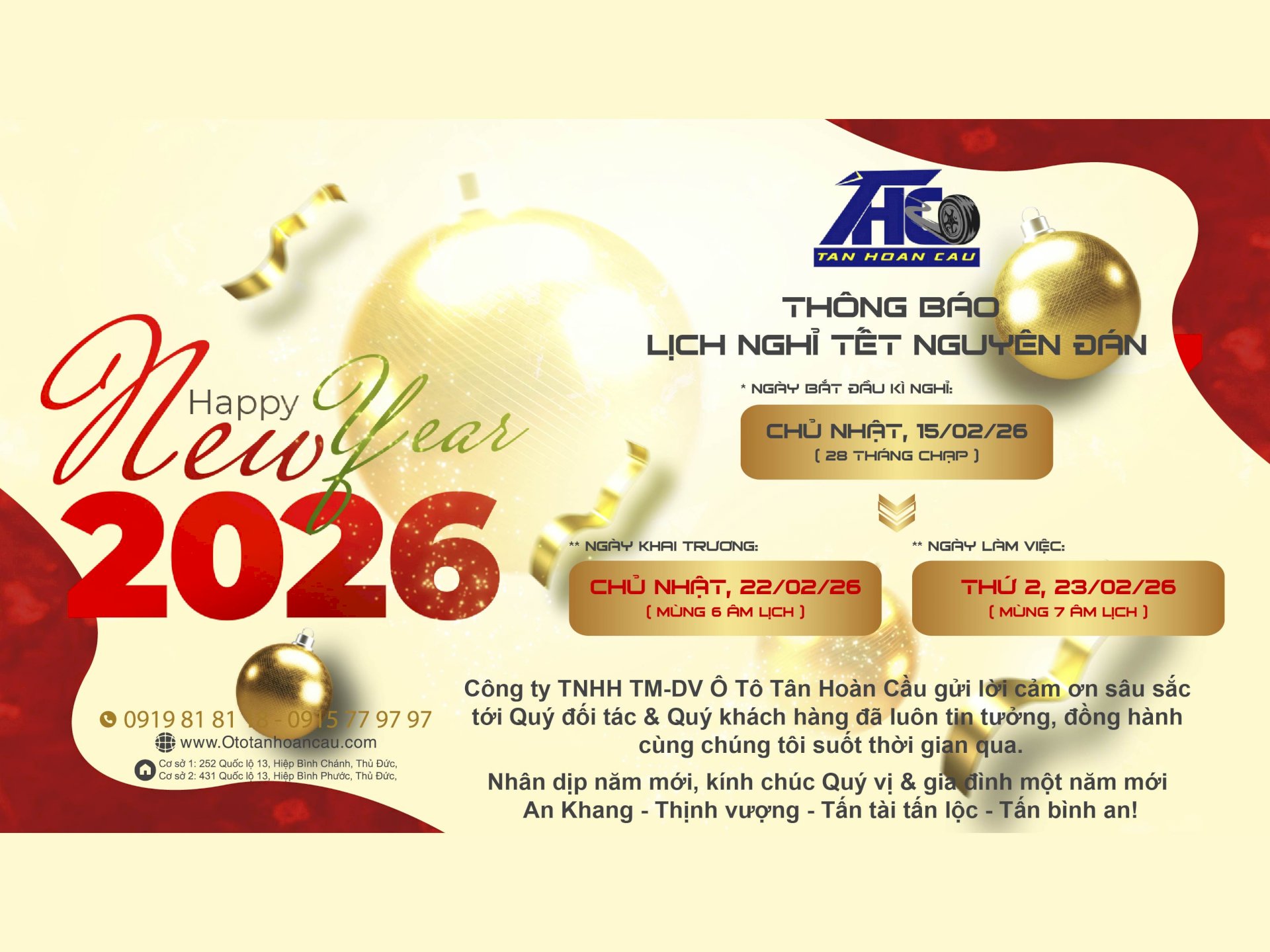 Ô TÔ TÂN HOÀN CẦU - THÔNG BÁO LỊCH NGHỈ TẾT NGUYÊN ĐÁN 2026!