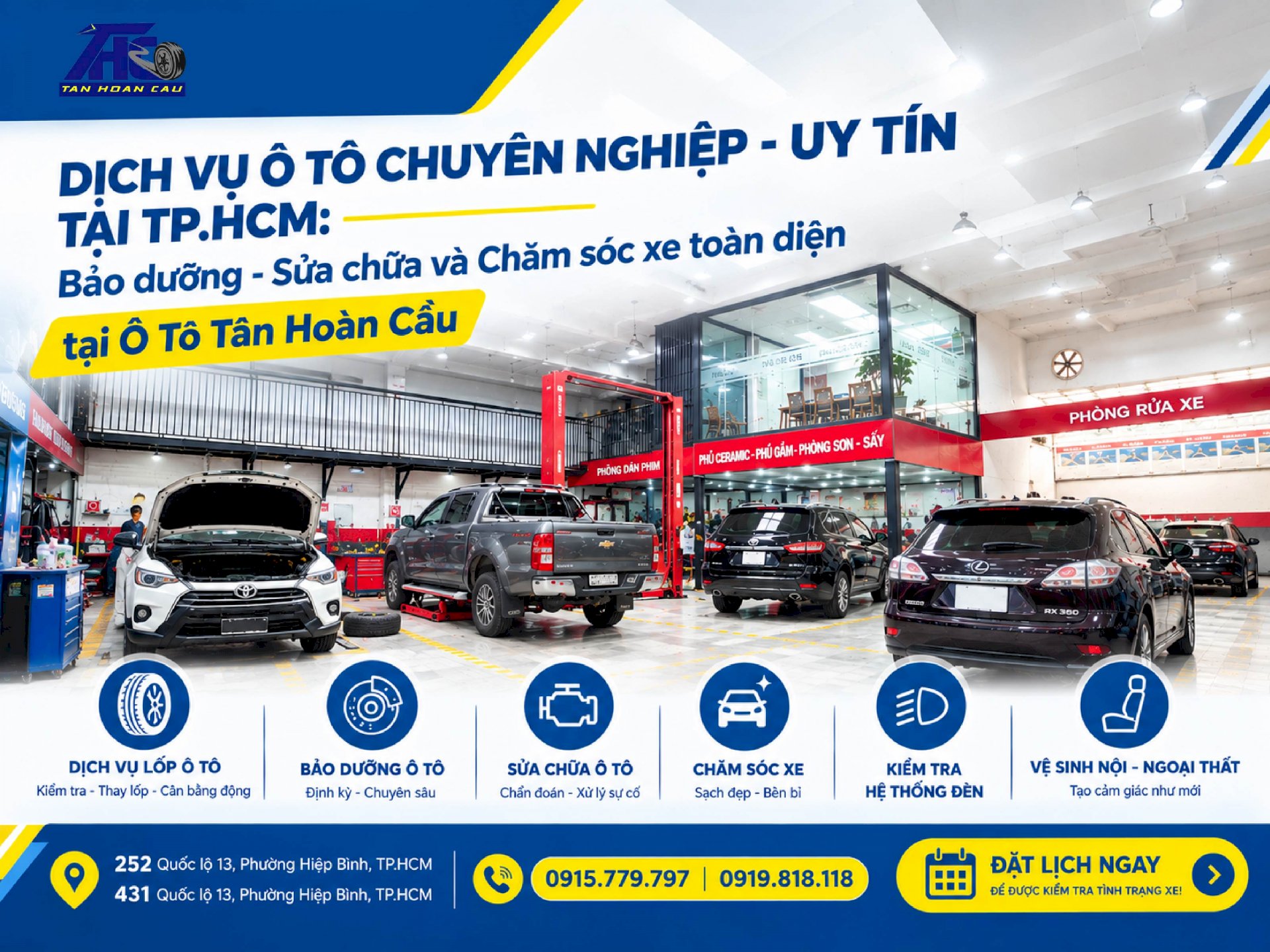 Dịch vụ ô tô chuyên nghiệp - uy tín tại TP.HCM: Bảo dưỡng - Sửa chữa và Chăm sóc xe toàn diện tại Ô Tô Tân Hoàn Cầu. Đặt lịch ngay tại Ô Tô Tân Hoàn Cầu để được kiểm tra tình trạng xe!