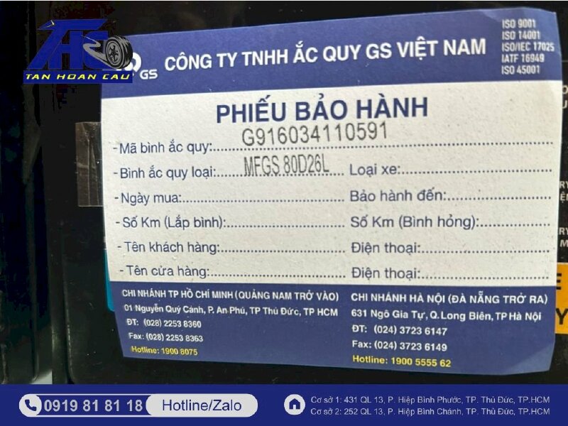 Bảo hành ắc quy GS tại Ô Tô Tân Hoàn Cầu