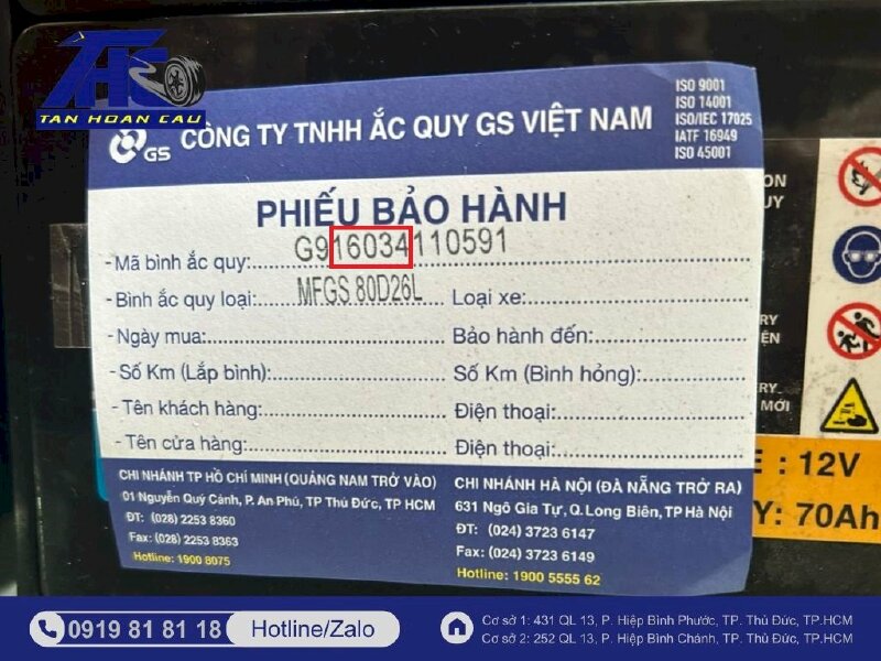 Phiếu bảo hành bình ắc quy GS tại Ô Tô Tân Hoàn Cầu